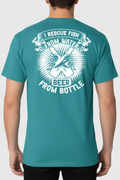 I Rescue Fish From Water Beer From Bottle on teal t-shirt back