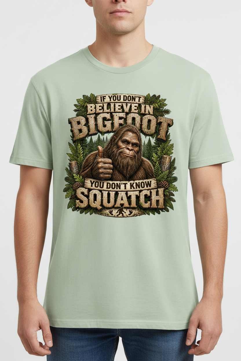 Don't Know Squatch on Light Green t-shirt