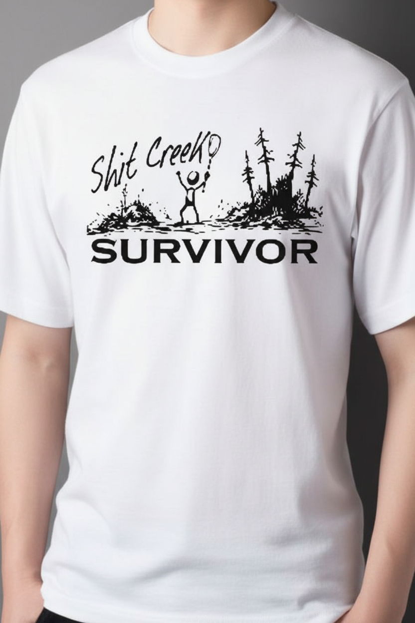Sh*t Creek Survivor on white t-shirt with black print