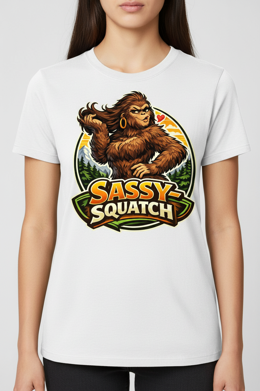 Sassy-Squatch on white t-shirt