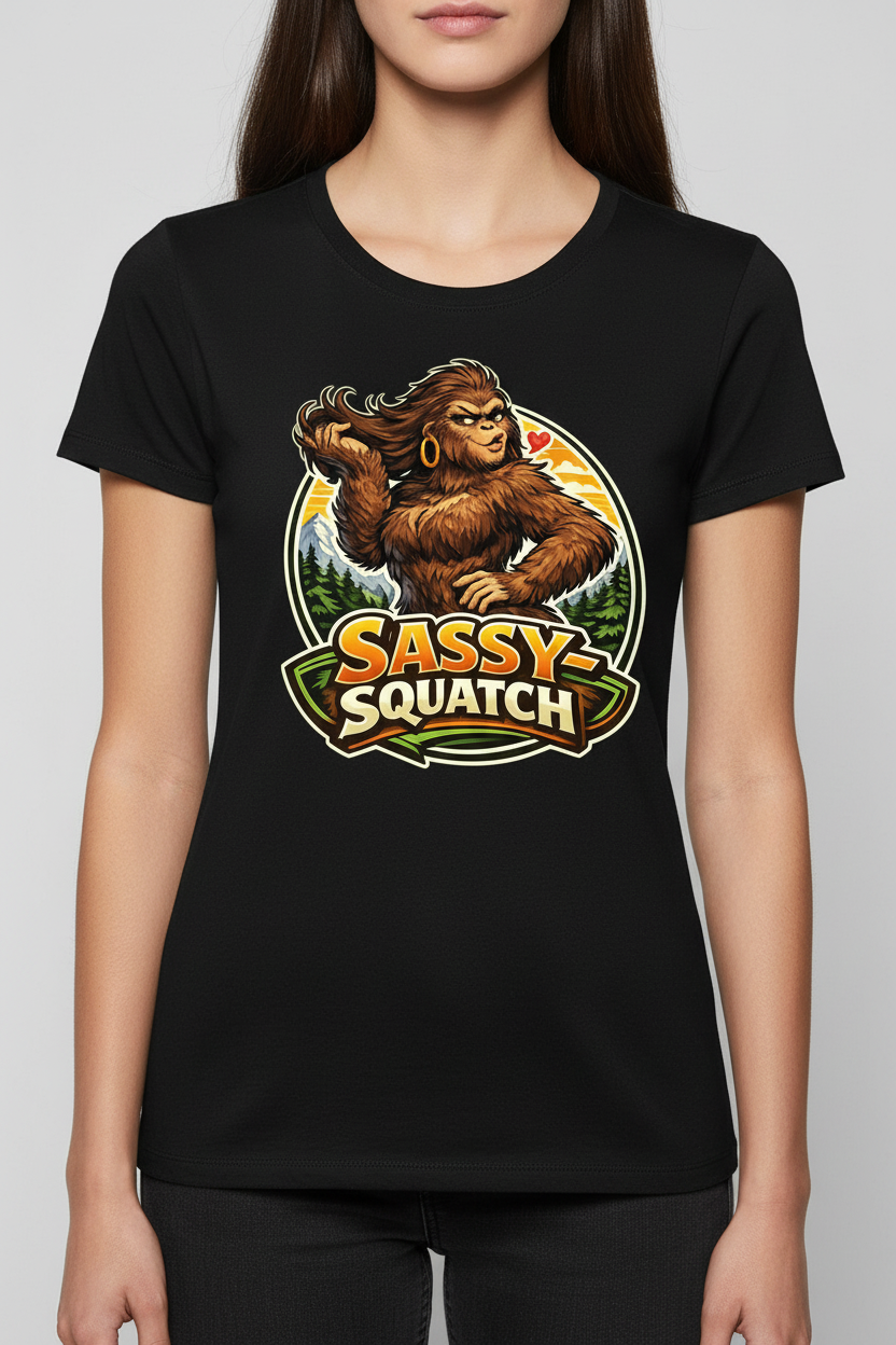 Sassy-Squatch on black t-shirt