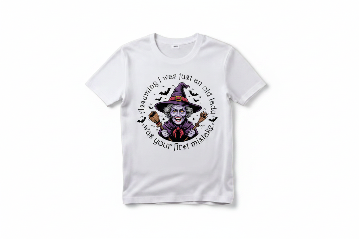 Assuming I Was Just an Old Lady Halloween T-Shirt in white with witch circular graphic