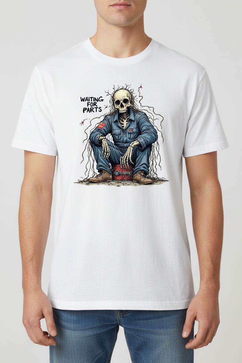 Waiting for Parts on white t-shirt