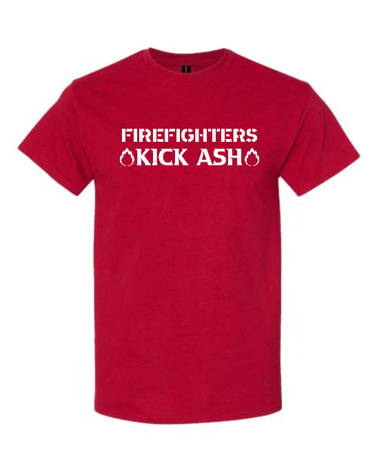 Firefighters Kick Ash T-Shirt in red with bold white stencil typography and flame icons