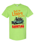 Get in Losers We're Going Haunting Halloween T-Shirt in lime green with skeleton station wagon graphic