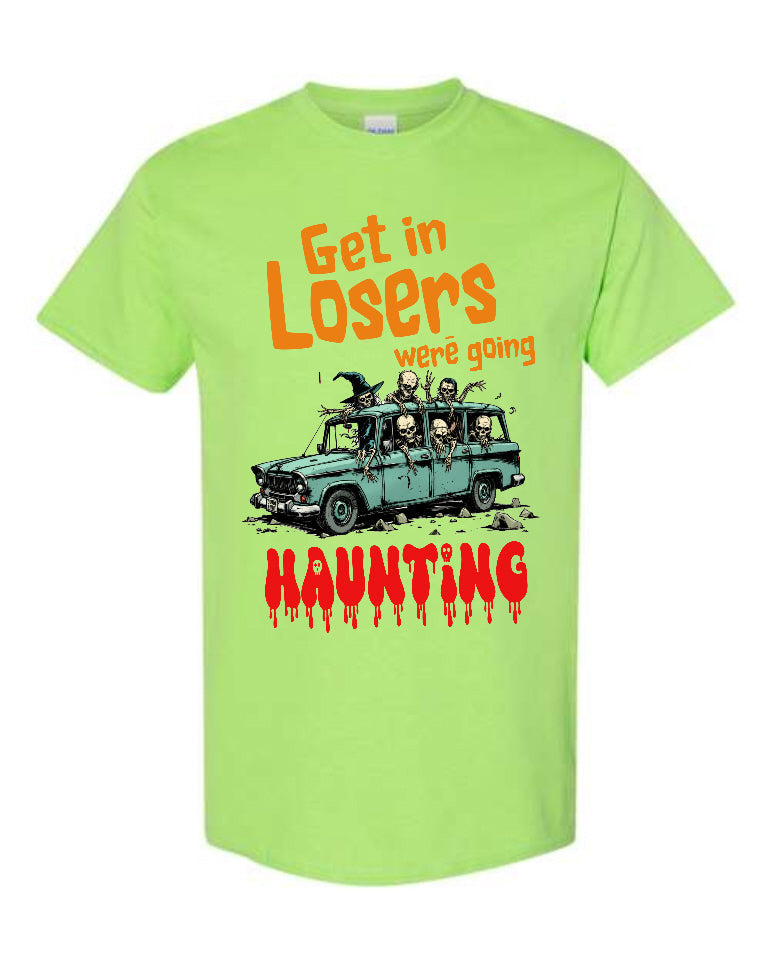 Get in Losers We're Going Haunting Halloween T-Shirt in lime green with skeleton station wagon graphic