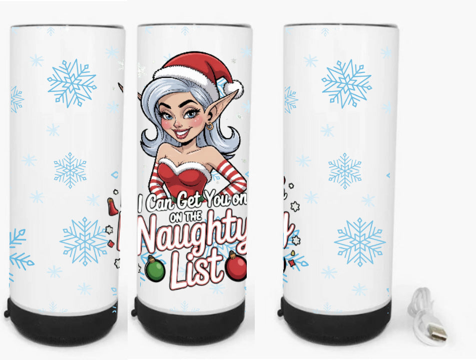 I Can Get You on the Naughty List 20oz Bluetooth Travel Mug shown from three angles