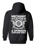 Mechanic Caution Hoodie in black with turbo graphic and distressed white typography back print
