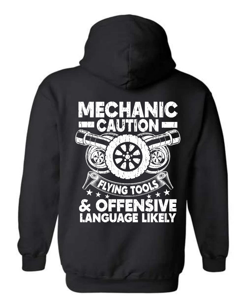 Mechanic Caution Hoodie in black with turbo graphic and distressed white typography back print