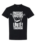 Procrastinators Unite Tomorrow T-Shirt in black with bold white typography and cartoon character