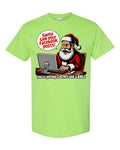 Santa Saw Your Facebook Posts Christmas T-Shirt in lime green with Santa at computer speech bubble and bold comic style typography