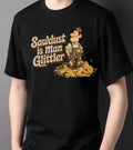 Sawdust is Man Glitter T-Shirt in black with cartoon woodworker and retro gold typography