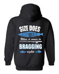 Size Does Matter Fishing Hoodie in black with blue fish and bold typography back print