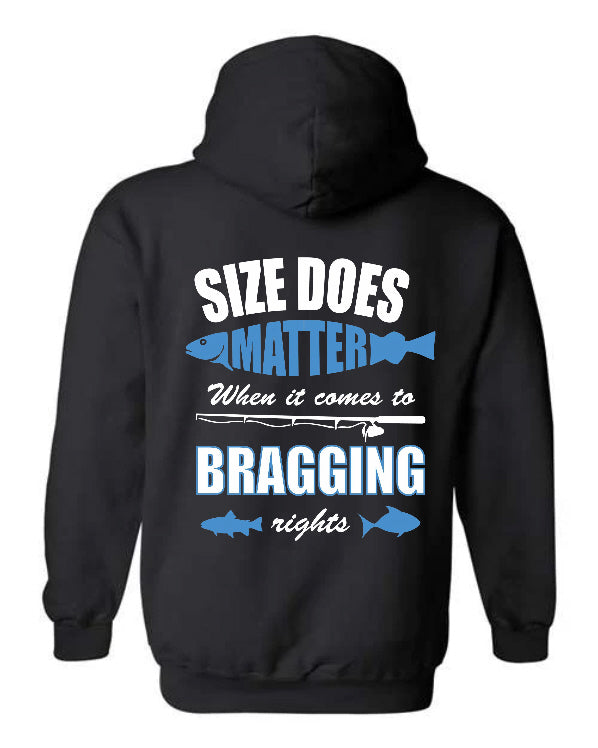 Size Does Matter Fishing Hoodie in black with blue fish and bold typography back print