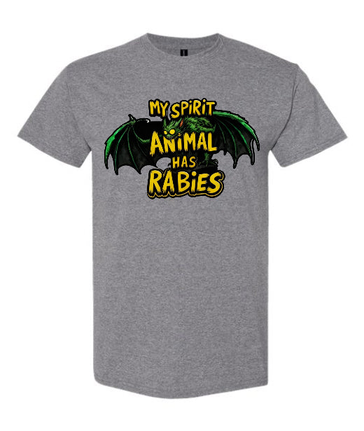 My Spirit Animal Has Rabies T-Shirt in grey with feral green bat and bold yellow typography
