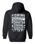 Fishing Saved Me Hoodie in black with distressed white typography and fishing lures back print