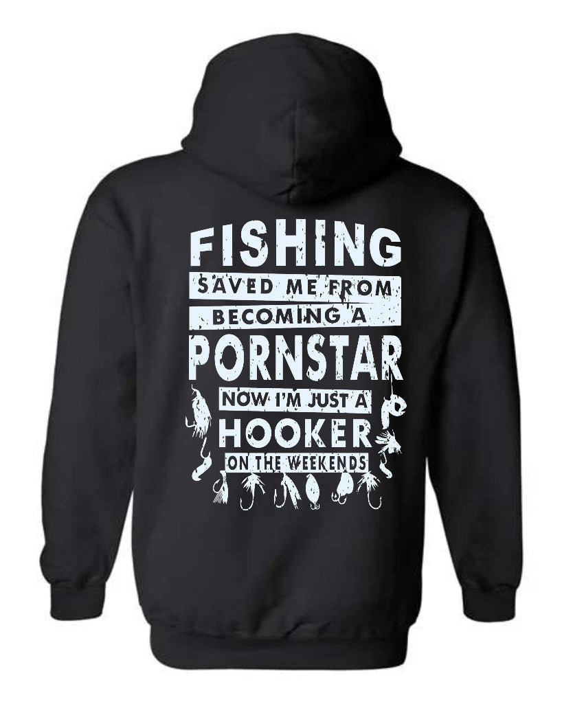 Fishing Saved Me Hoodie in black with distressed white typography and fishing lures back print