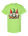 Christmas Gnomes Tangled in Lights T-Shirt in lime green with three gnomes in plaid hats wrapped in colorful Christmas lights