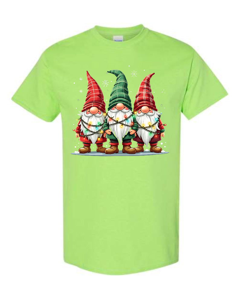 Christmas Gnomes Tangled in Lights T-Shirt in lime green with three gnomes in plaid hats wrapped in colorful Christmas lights