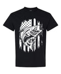 American Flag Bass Fishing T-Shirt in black with bold white distressed largemouth bass and American flag graphic