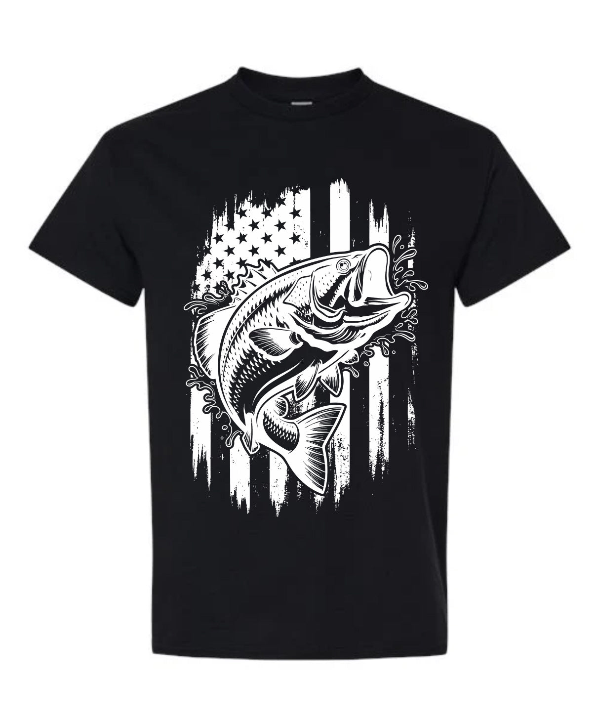 American Flag Bass Fishing T-Shirt in black with bold white distressed largemouth bass and American flag graphic