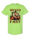 Wicked Fast Halloween T-Shirt in lime green with three witches on an orange muscle car