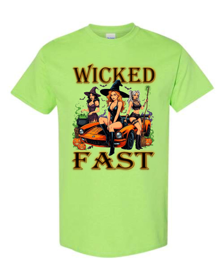 Wicked Fast Halloween T-Shirt in lime green with three witches on an orange muscle car
