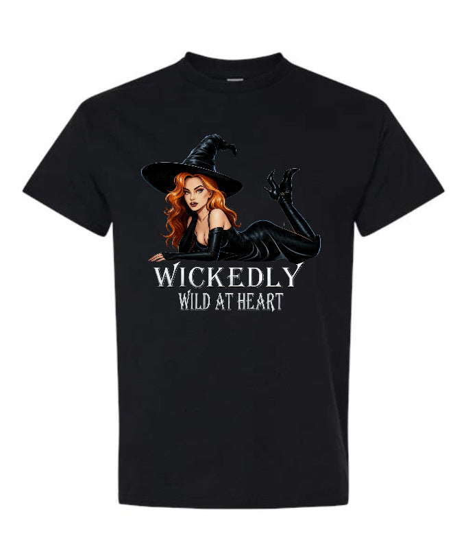 Wickedly Wild at Heart Halloween T-Shirt in black with redhead witch graphic