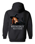 Wickedly Wild at Heart Halloween Hoodie in black with redhead witch full back print